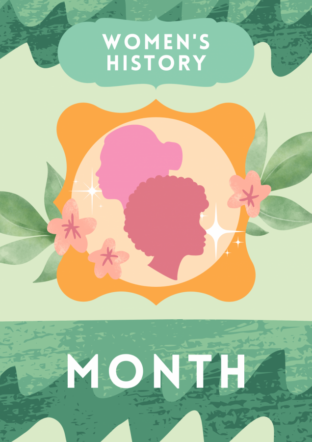 A graphic displays the words Womens History Month while showcasing the profiles of two women.