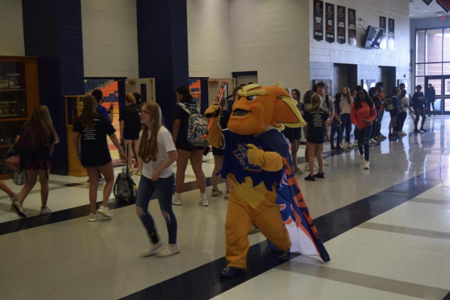 Dante joins the Band, Cheer Team, and Student Section as they walk through the halls during the Homecoming 2021 Pep Rally.
