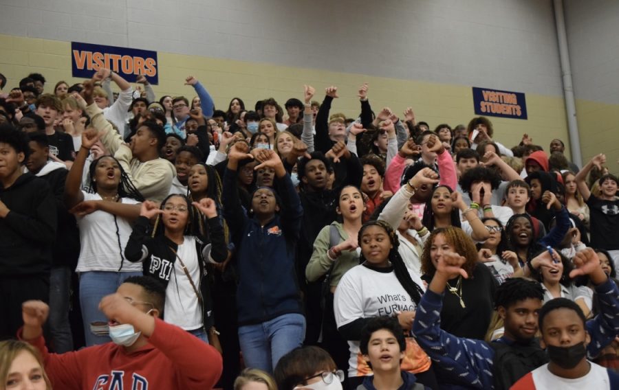 The Blackman freshman section fills the gym with shouts and support for the Blaze Basketball teams.