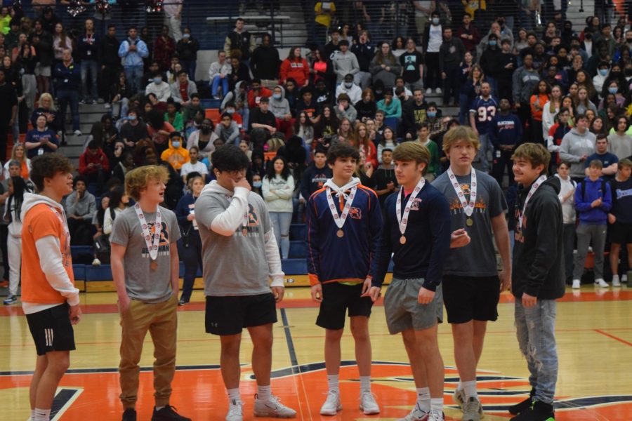 Blackman Wrestling medalists are recognized during the March 9th pep rally.