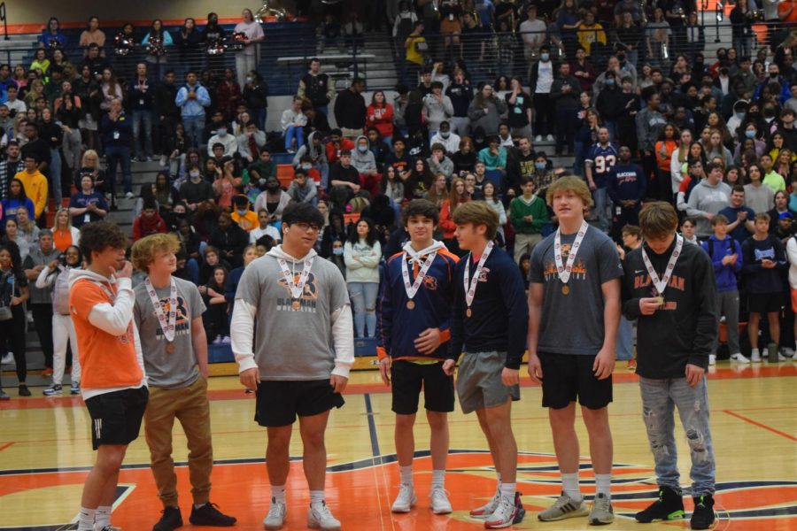 Blackman Wrestling Medalists are recognized during the March 9th pep rally.