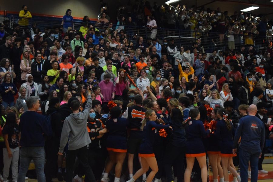 The Senior Class celebrates winning the spirit stick during the March 9th pep rally.