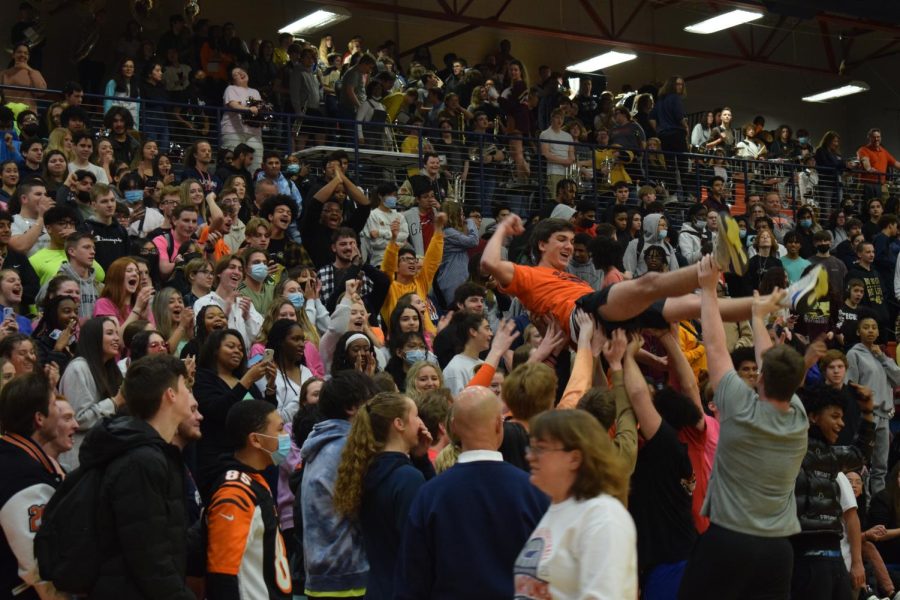 Senior Michael David Bowen is crowd surfed during the March 9th pep rally.