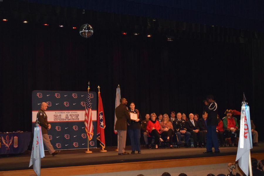 At+the+JROTC+awards%2C+Sergeant+Major+Sanders+announced+her+retirement.+JROTC+cadets+have+won+many+competitions+under+her+leadership.