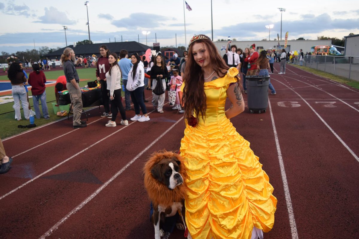 lady and her dog trick or treating