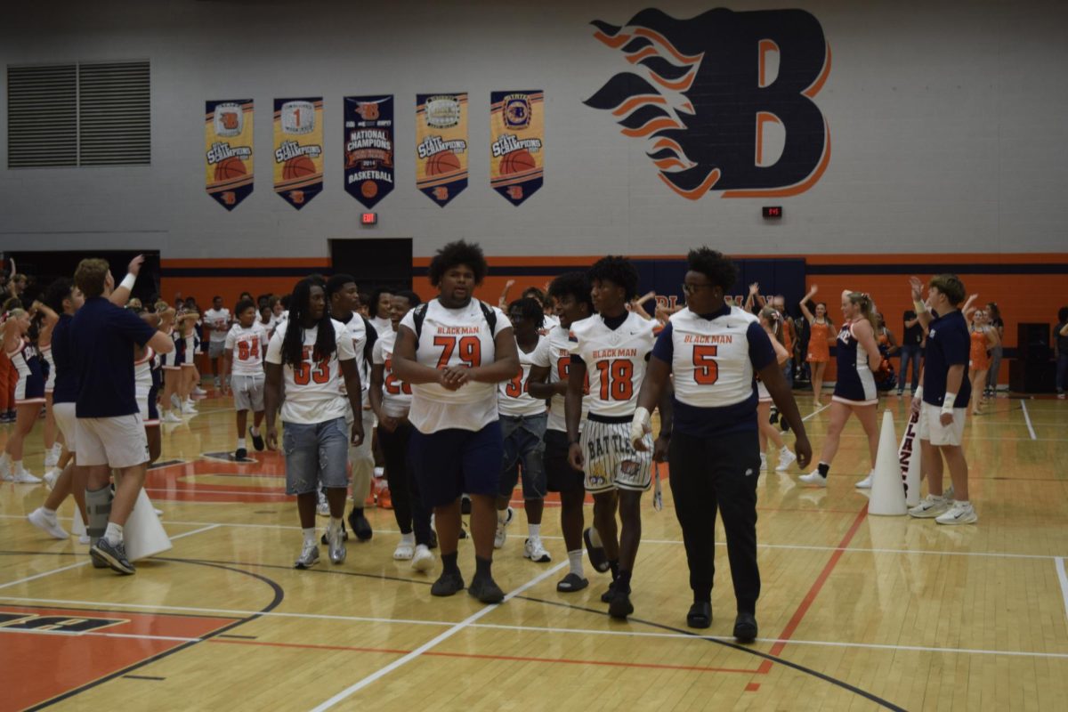 Football team walks into the gym.