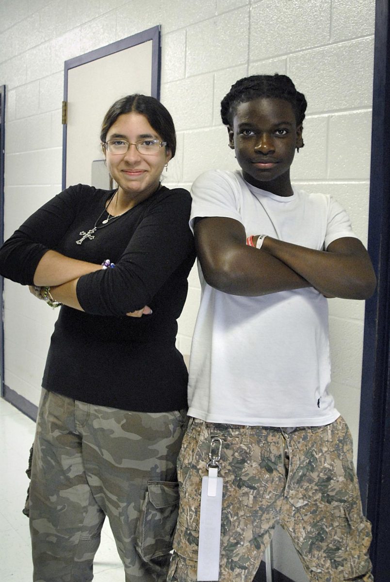 Two students participating in the camo dress up day