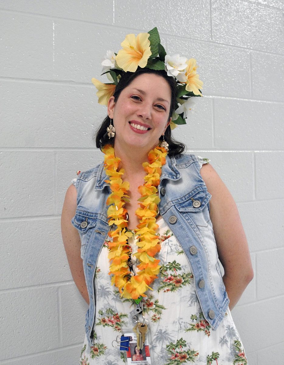 Mrs. Krauss participating in the Hawaiian shirt dress up day